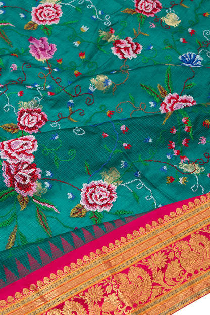 Kota Soft Silk Embroidery Teal Green Saree
