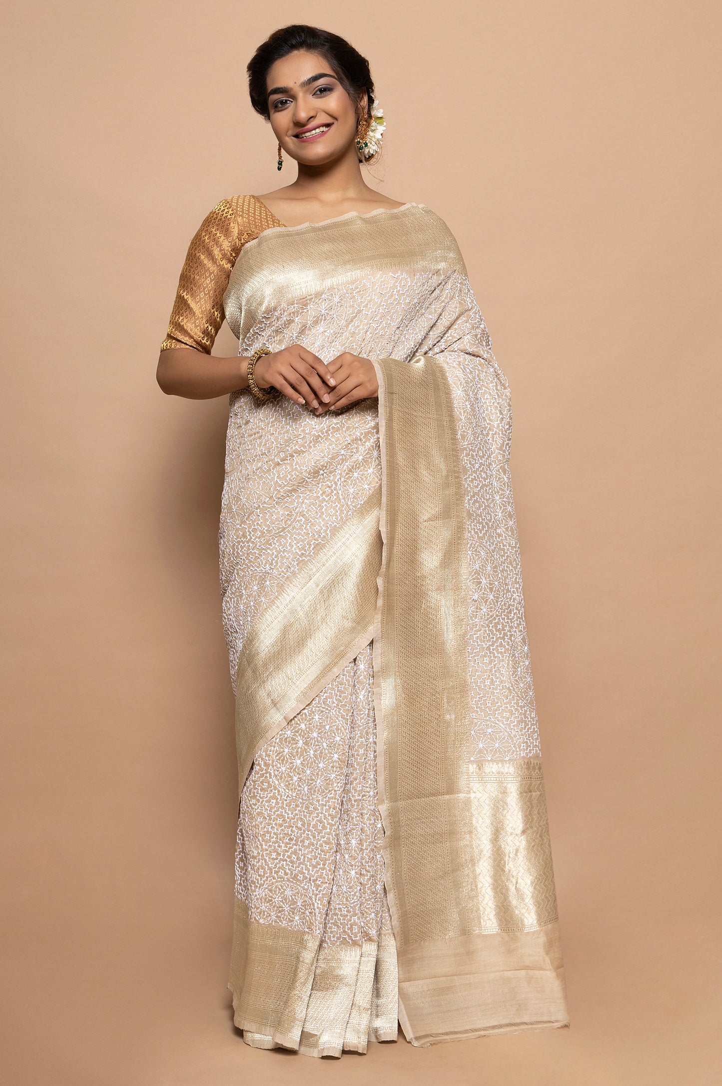 Tussar Kantha Work Beige Saree