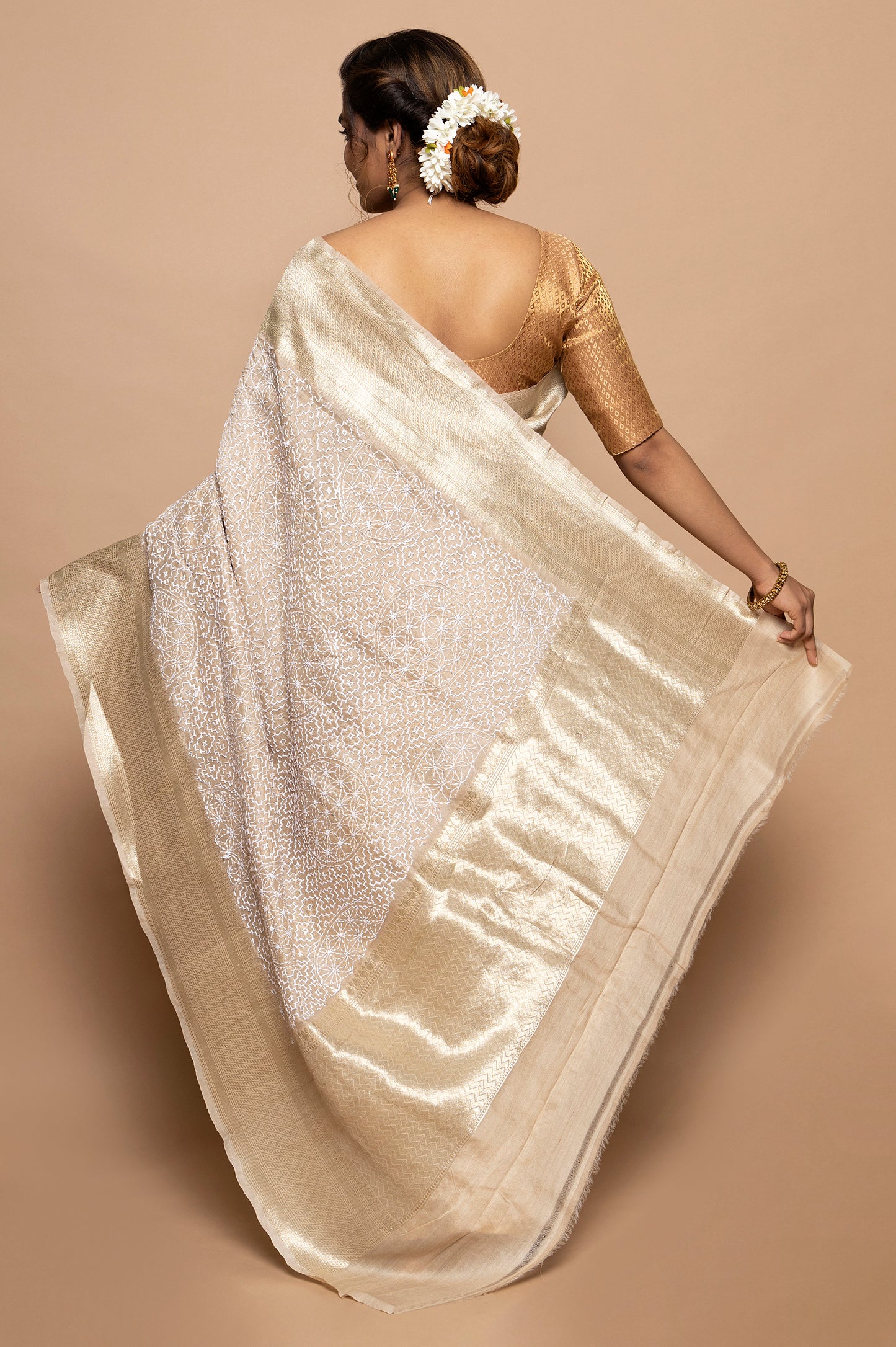 Tussar Kantha Work Beige Saree