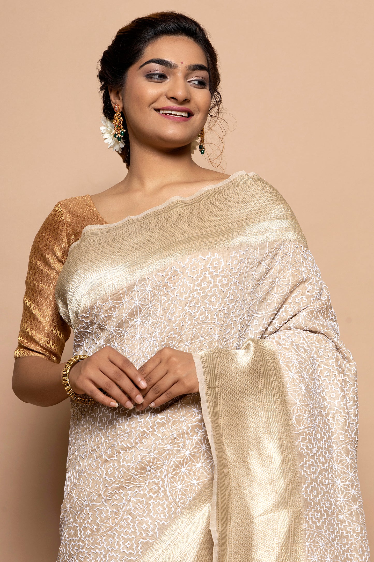 Tussar Kantha Work Beige Saree