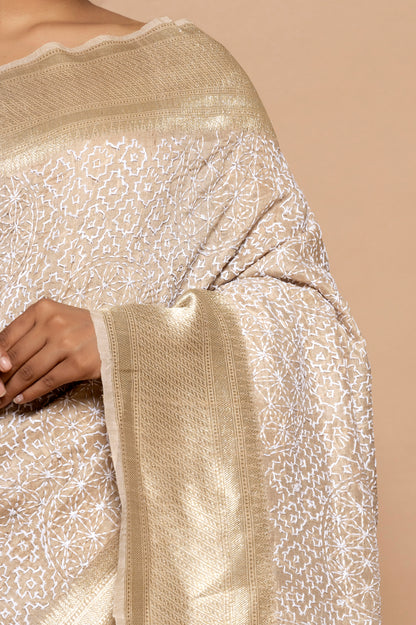 Tussar Kantha Work Beige Saree