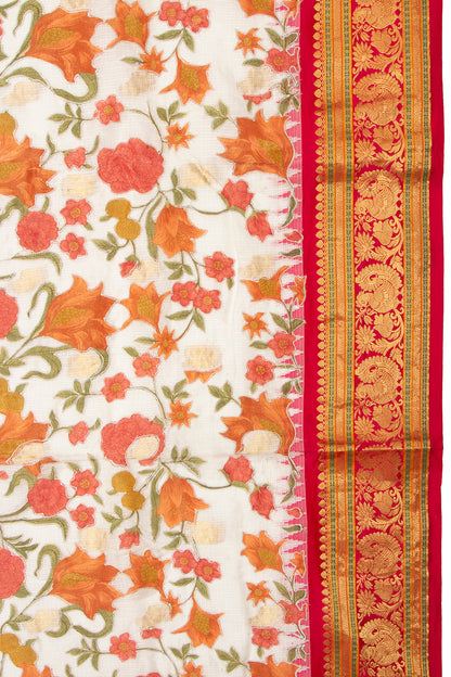 Kota Soft Silk Embroidery White Saree