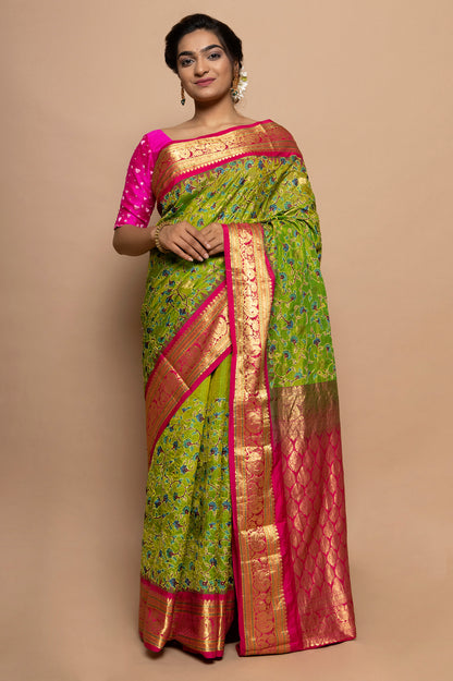 Kota Silk Floral Printed And Embroidery Green Saree