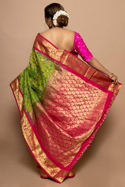 Kota Silk Floral Printed And Embroidery Green Saree