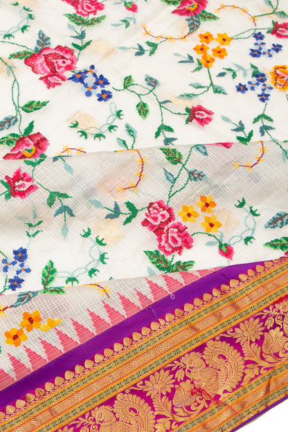 Kota Soft Silk Embroidery White Saree
