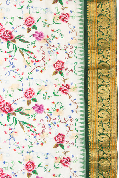 Kota Soft Silk Embroidery White Saree