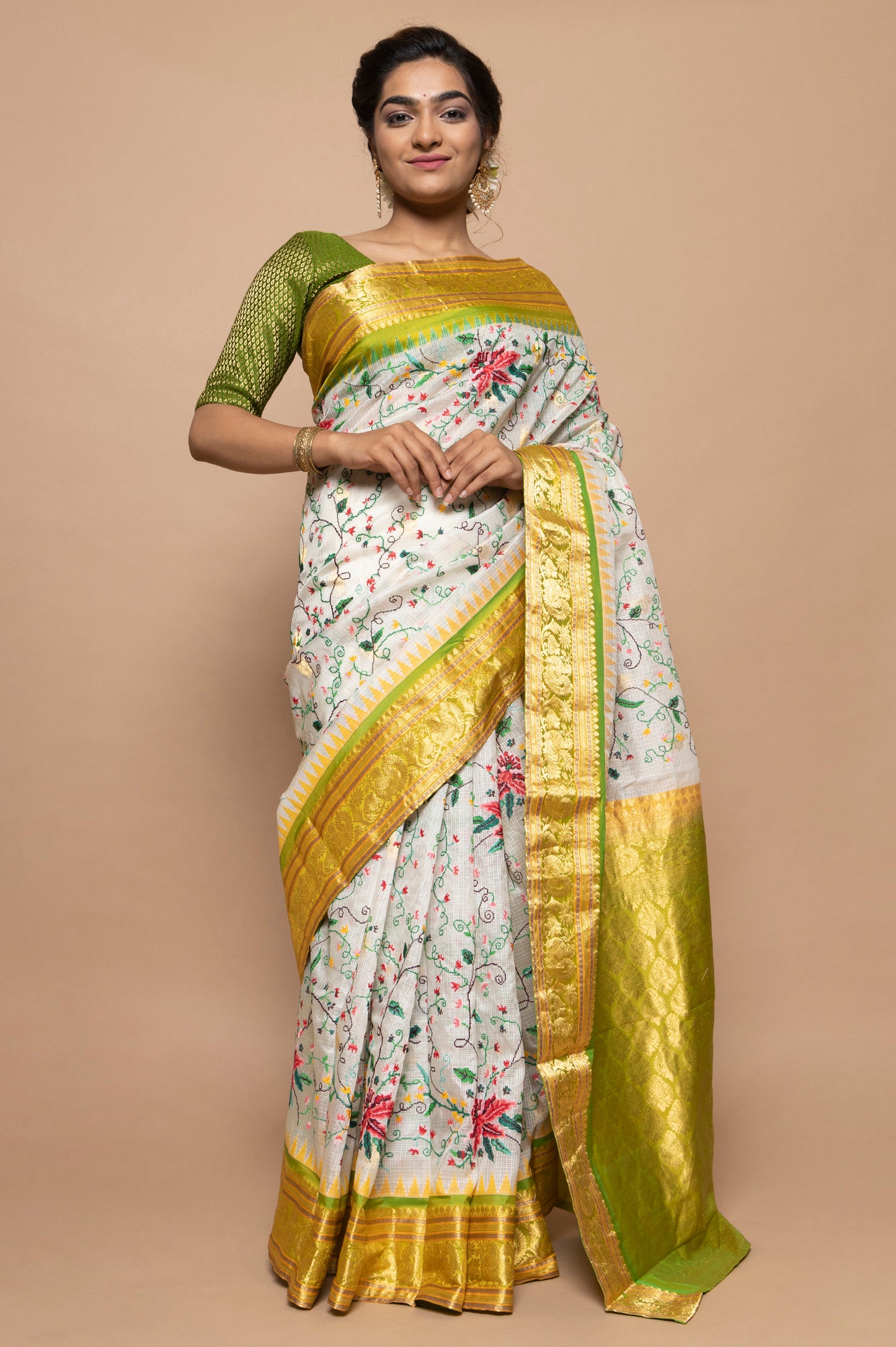Kota Silk Embroidery Gara White Saree With Gadwal Border