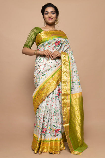 Kota Silk Embroidery Gara White Saree With Gadwal Border