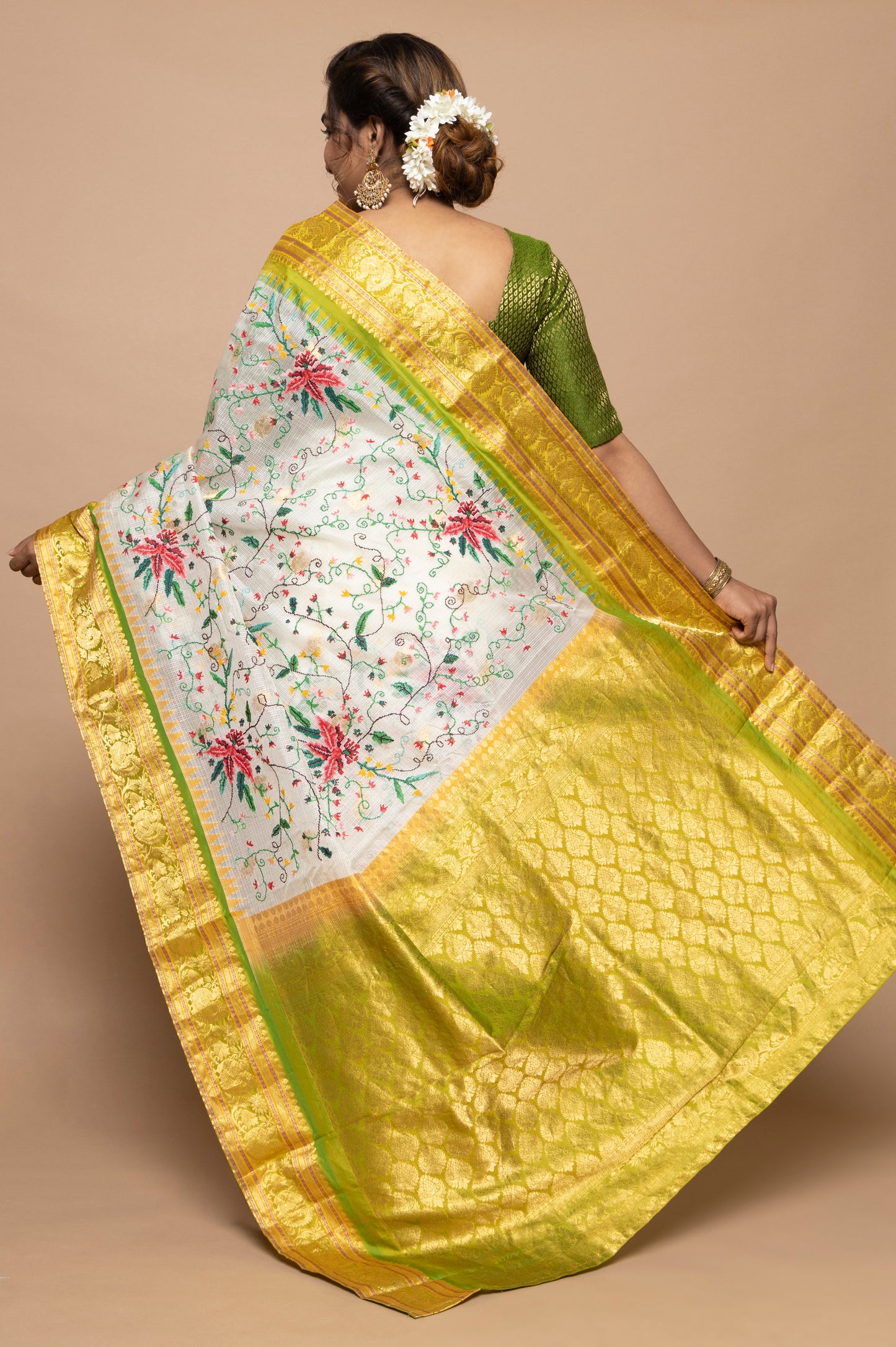Kota Silk Embroidery Gara White Saree With Gadwal Border
