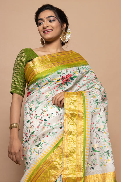 Kota Silk Embroidery Gara White Saree With Gadwal Border