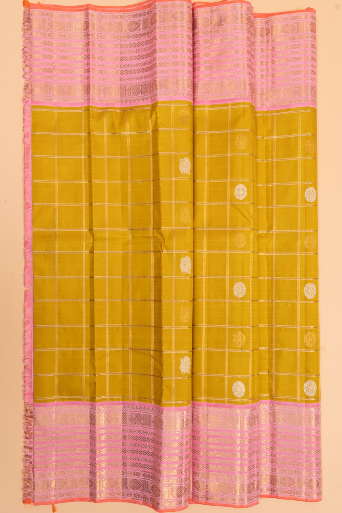Kanchipuram Silk Checks And Butta Yellow Saree