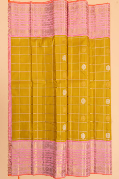 Kanchipuram Silk Checks And Butta Yellow Saree