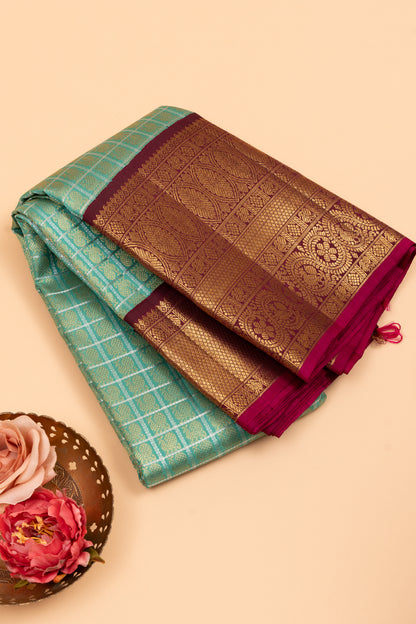 Kanchipuram Silk Checks And Butta Blue Saree