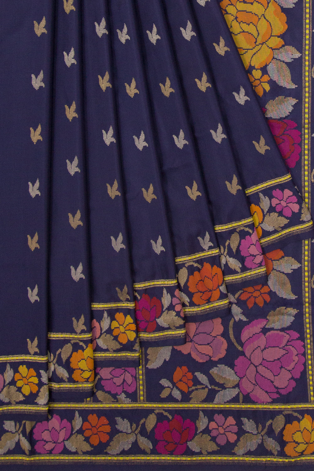Banarasi Silk Butta Dark Blue Saree With Jamdani Border