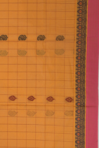 Chettinad Cotton Checks And Butta Mustard Yellow Saree