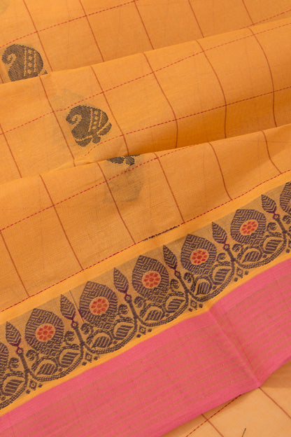 Chettinad Cotton Checks And Butta Mustard Yellow Saree