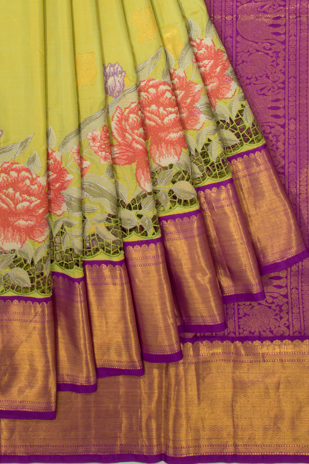 Kanchipuram Silk Butta Green Saree With Cut Work Border