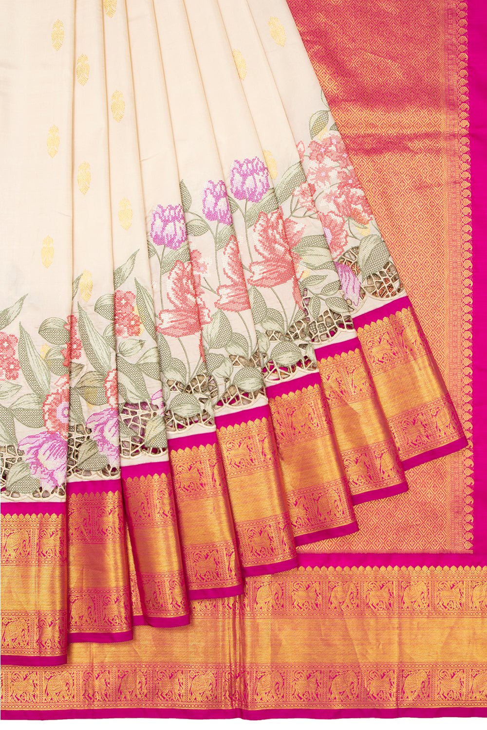 Kanchipuram Silk Butta Cream Saree With Cut Work