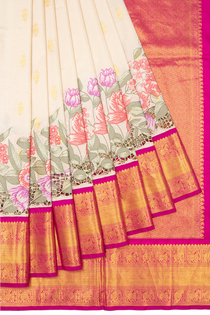 Kanchipuram Silk Butta Cream Saree With Cut Work