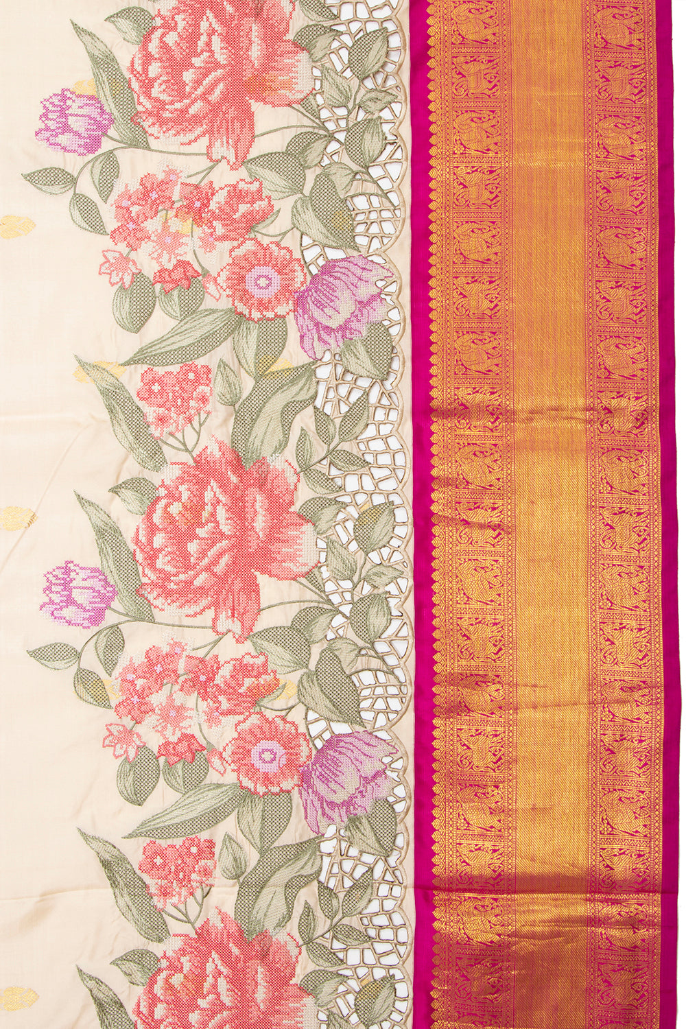 Kanchipuram Silk Butta Cream Saree With Cut Work