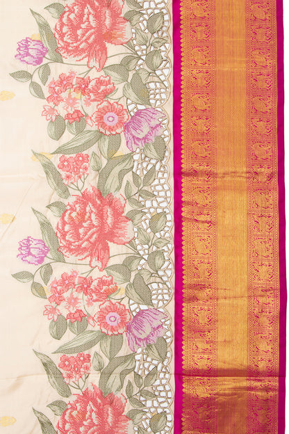 Kanchipuram Silk Butta Cream Saree With Cut Work