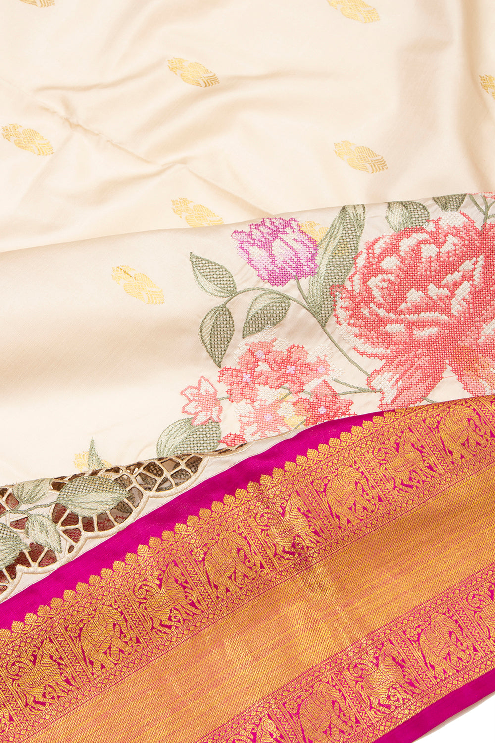 Kanchipuram Silk Butta Cream Saree With Cut Work