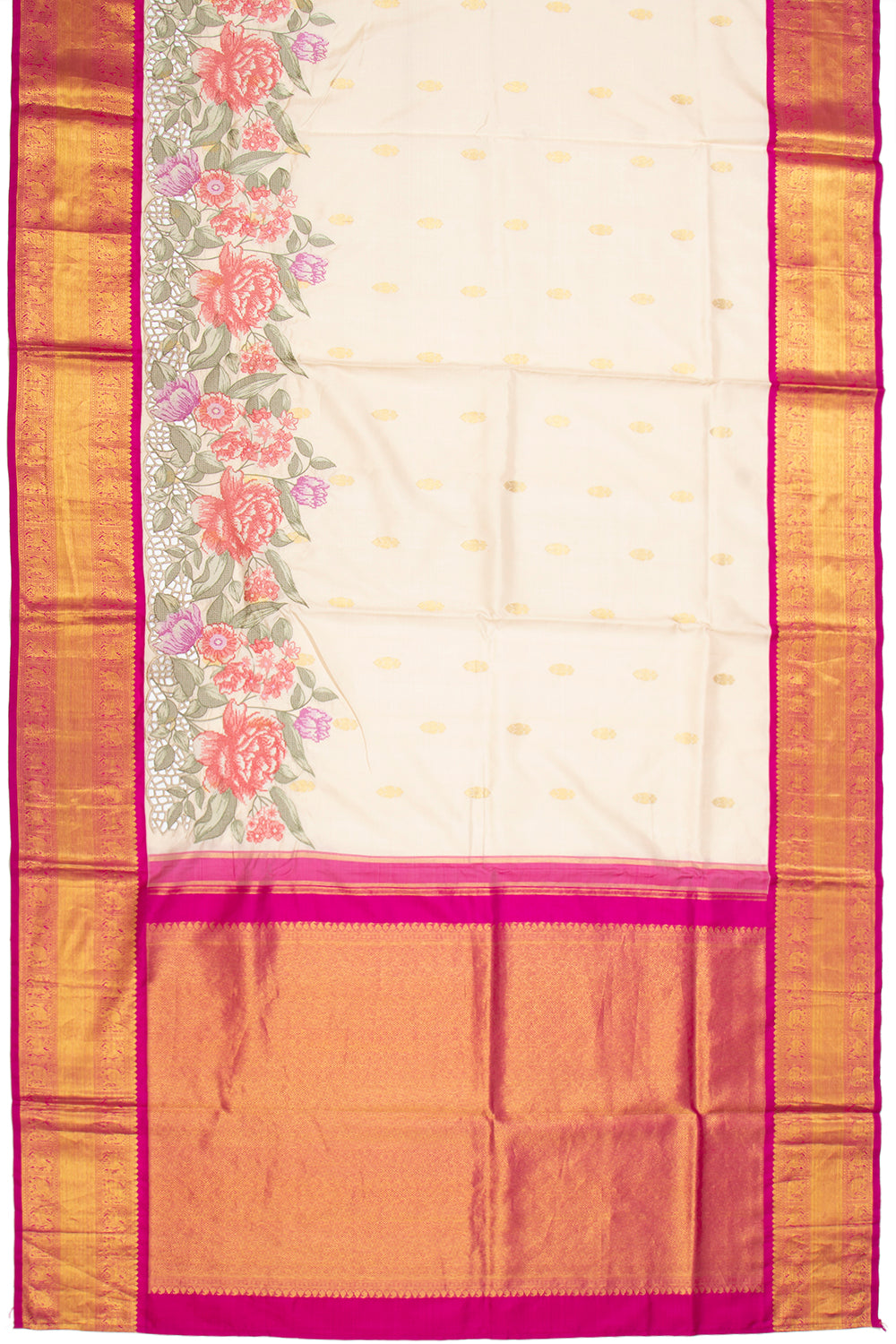 Kanchipuram Silk Butta Cream Saree With Cut Work