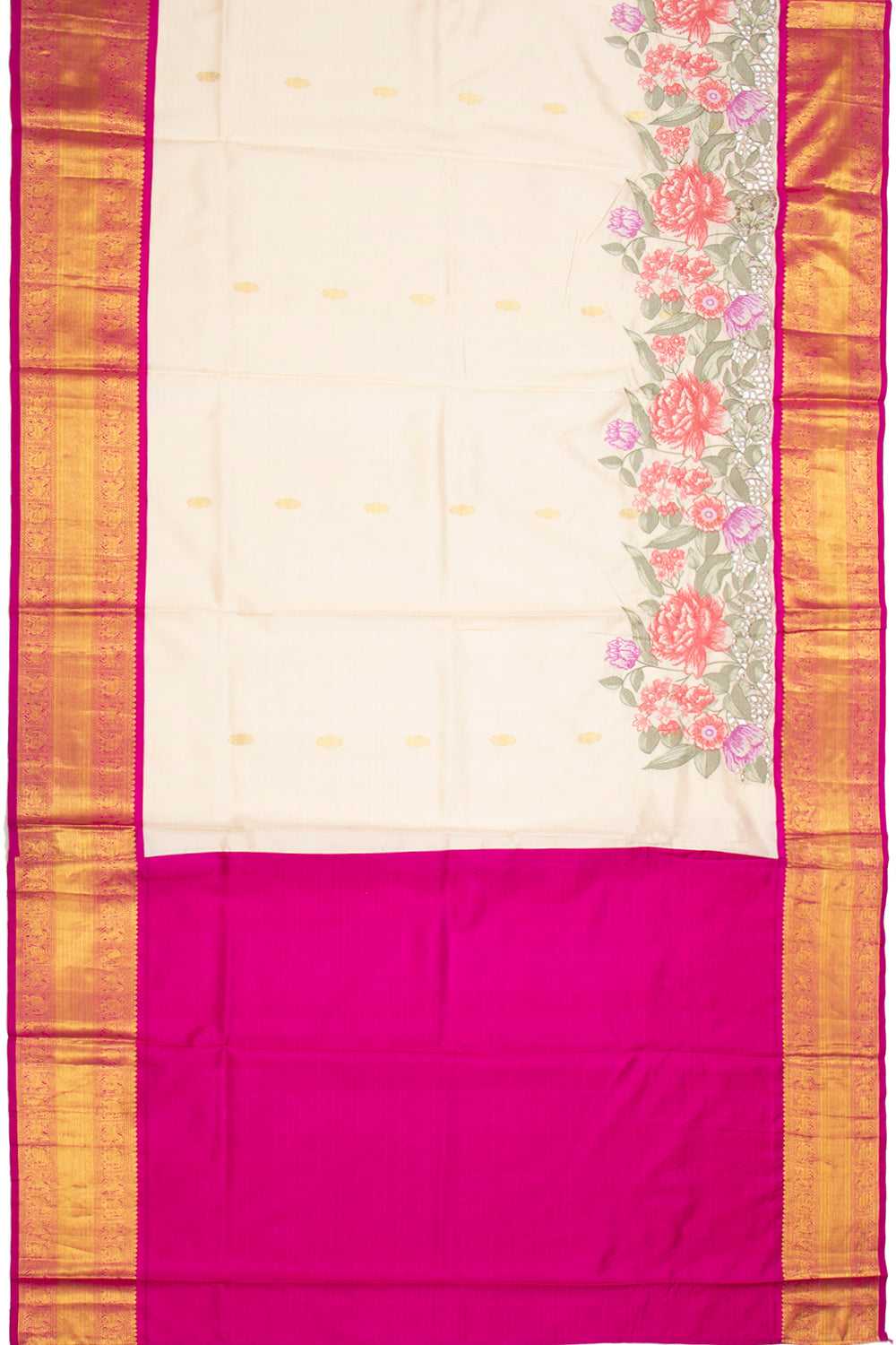 Kanchipuram Silk Butta Cream Saree With Cut Work