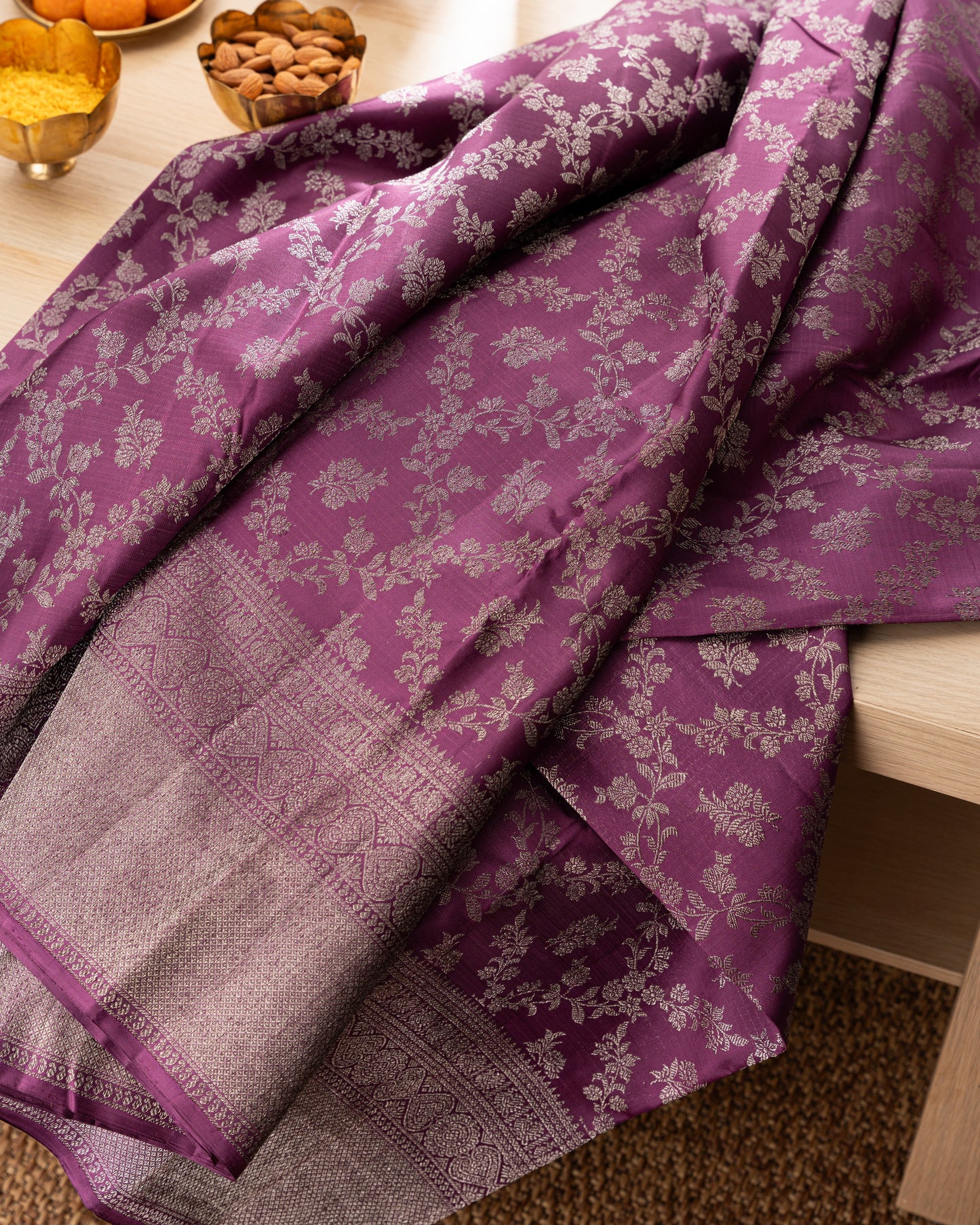 Taranga Kanchi Silk Antique Zari Jaal Purple Saree With Rakhi and Gift Box