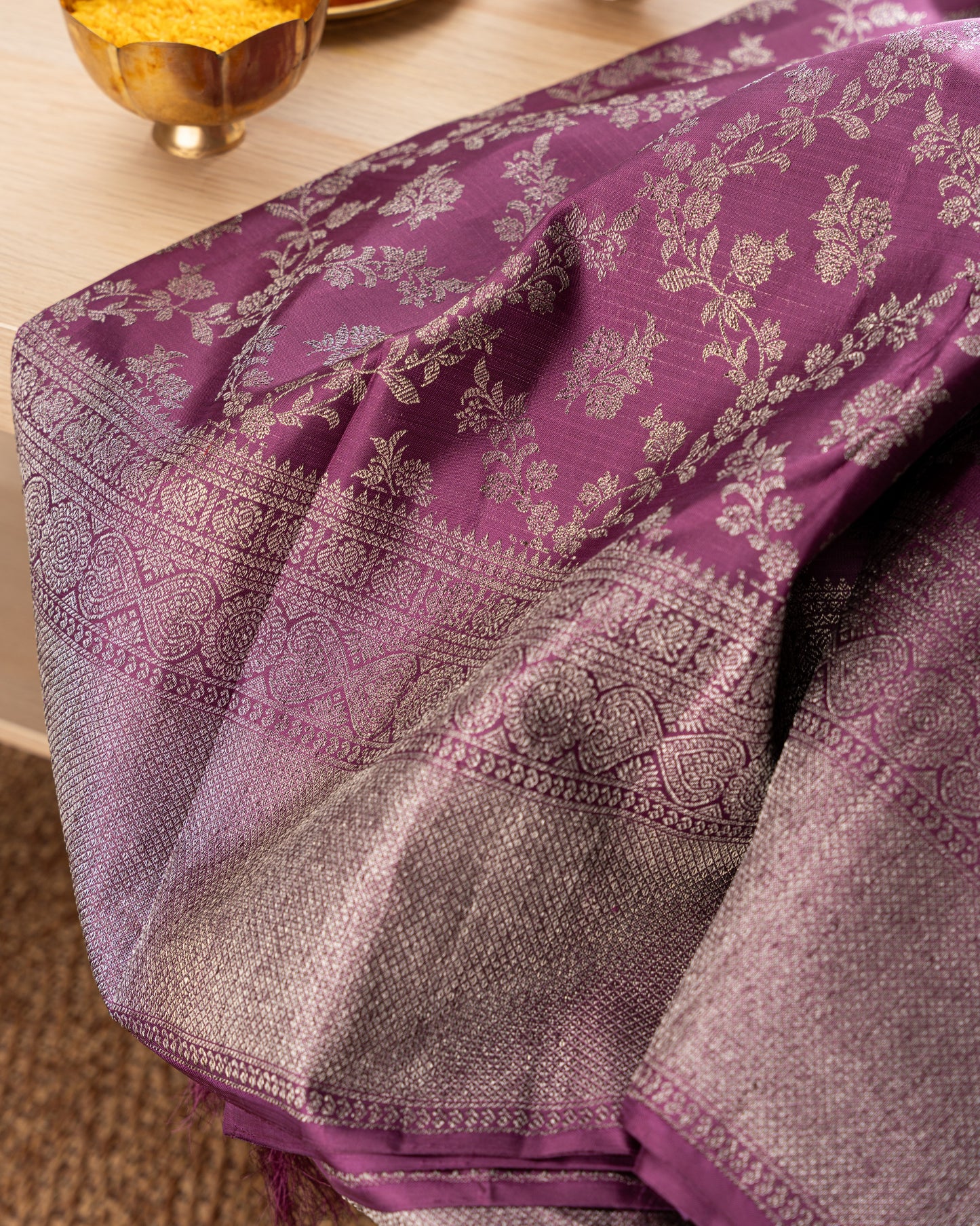 Taranga Kanchi Silk Antique Zari Jaal Purple Saree With Rakhi and Gift Box