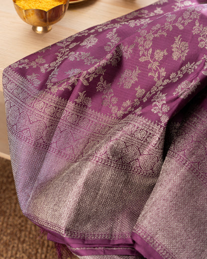 Taranga Kanchi Silk Antique Zari Jaal Purple Saree With Rakhi and Gift Box