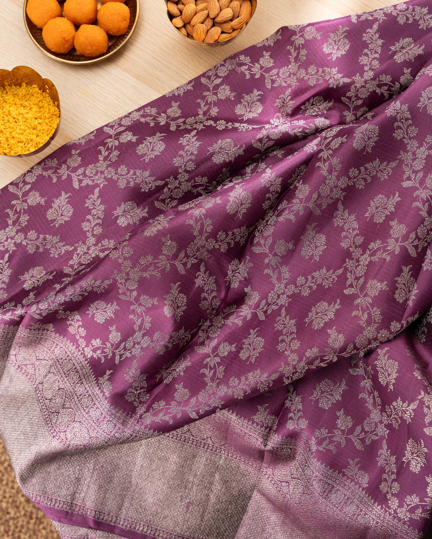 Taranga Kanchi Silk Antique Zari Jaal Purple Saree With Rakhi and Gift Box