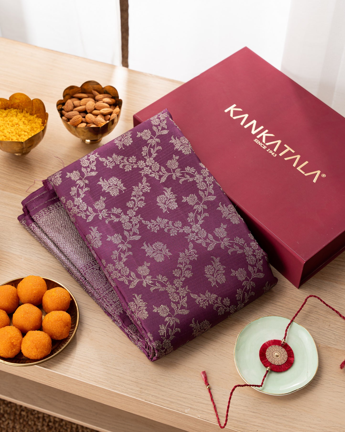 Taranga Kanchi Silk Antique Zari Jaal Purple Saree With Rakhi and Gift Box