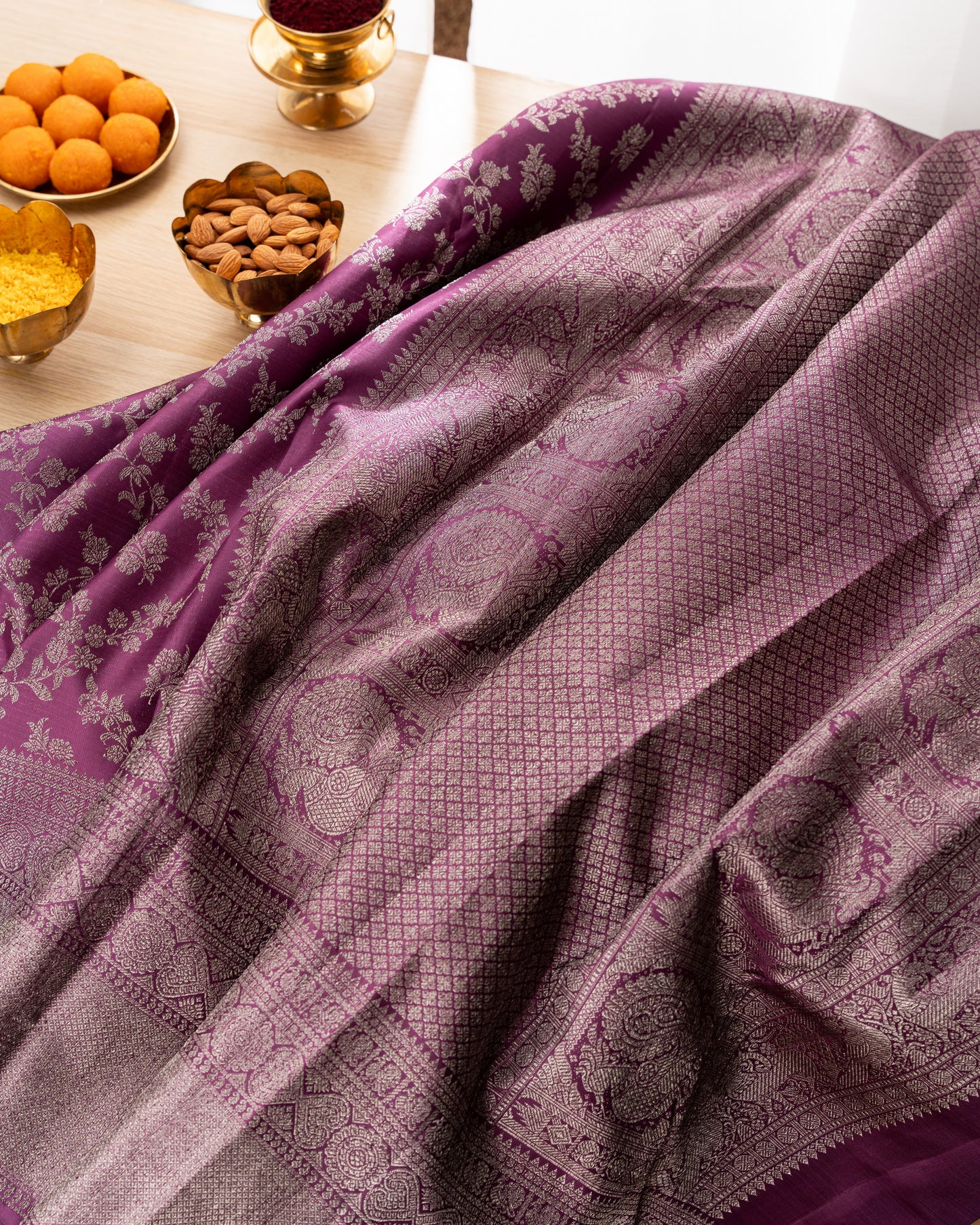 Taranga Kanchi Silk Antique Zari Jaal Purple Saree With Rakhi and Gift Box