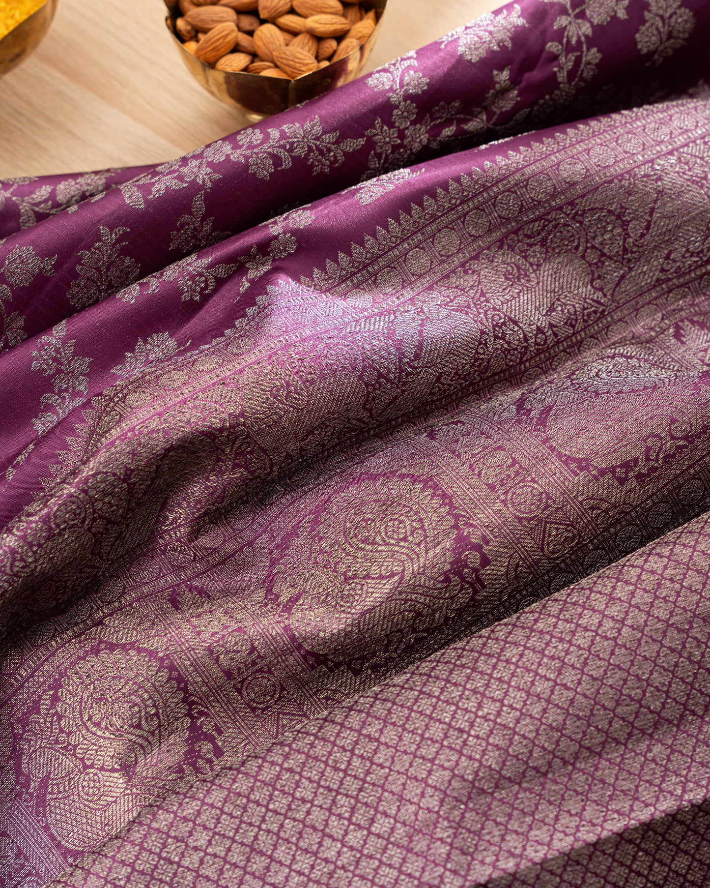 Taranga Kanchi Silk Antique Zari Jaal Purple Saree With Rakhi and Gift Box