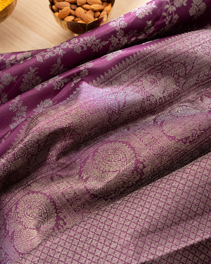 Taranga Kanchi Silk Antique Zari Jaal Purple Saree With Rakhi and Gift Box