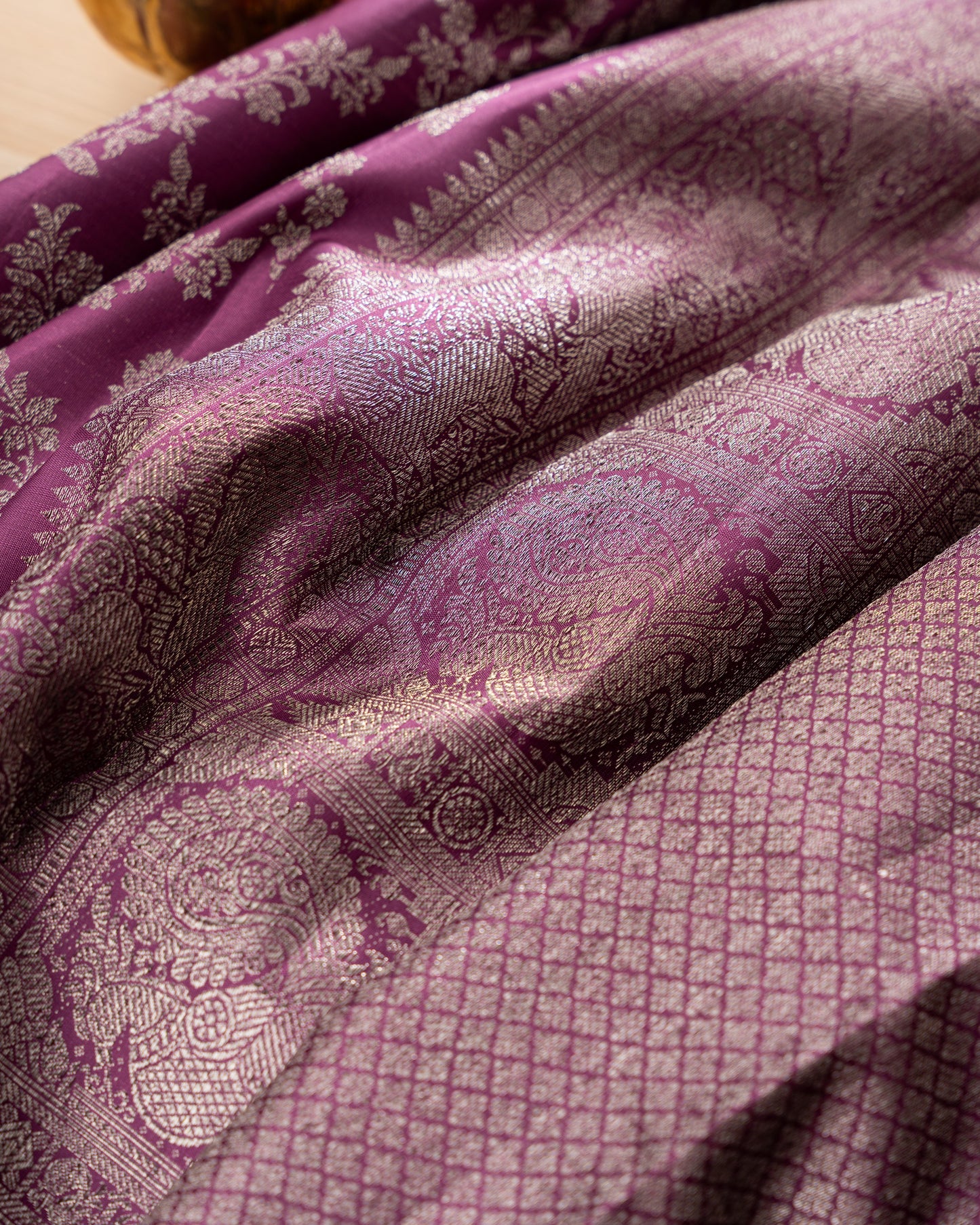 Taranga Kanchi Silk Antique Zari Jaal Purple Saree With Rakhi and Gift Box