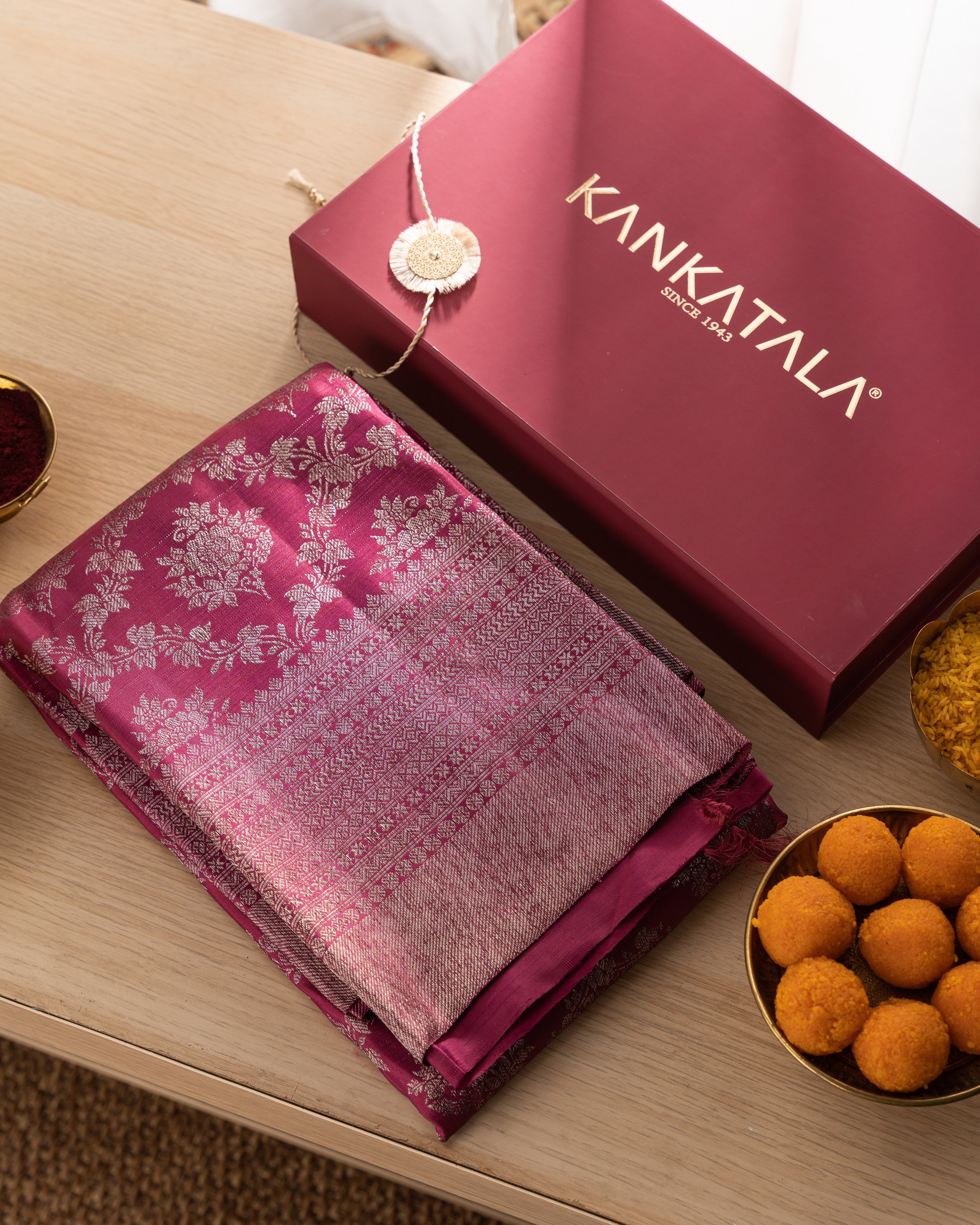 Taranga Kanchi Silk Antique Zari Jaal Purple Saree With Rakhi And Gift Box