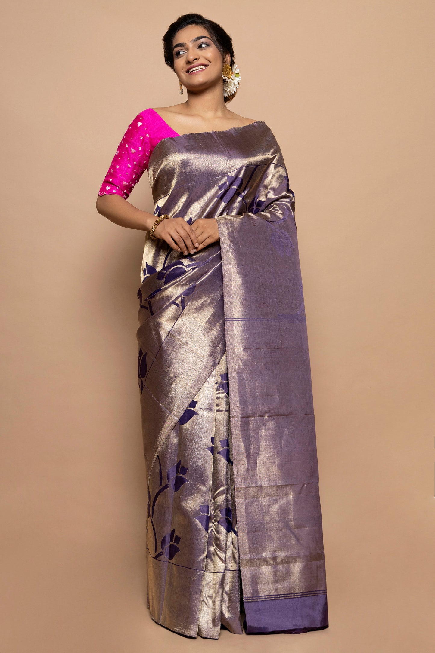 Kanchipuram Silk Tissue Jaal Dark Blue Saree