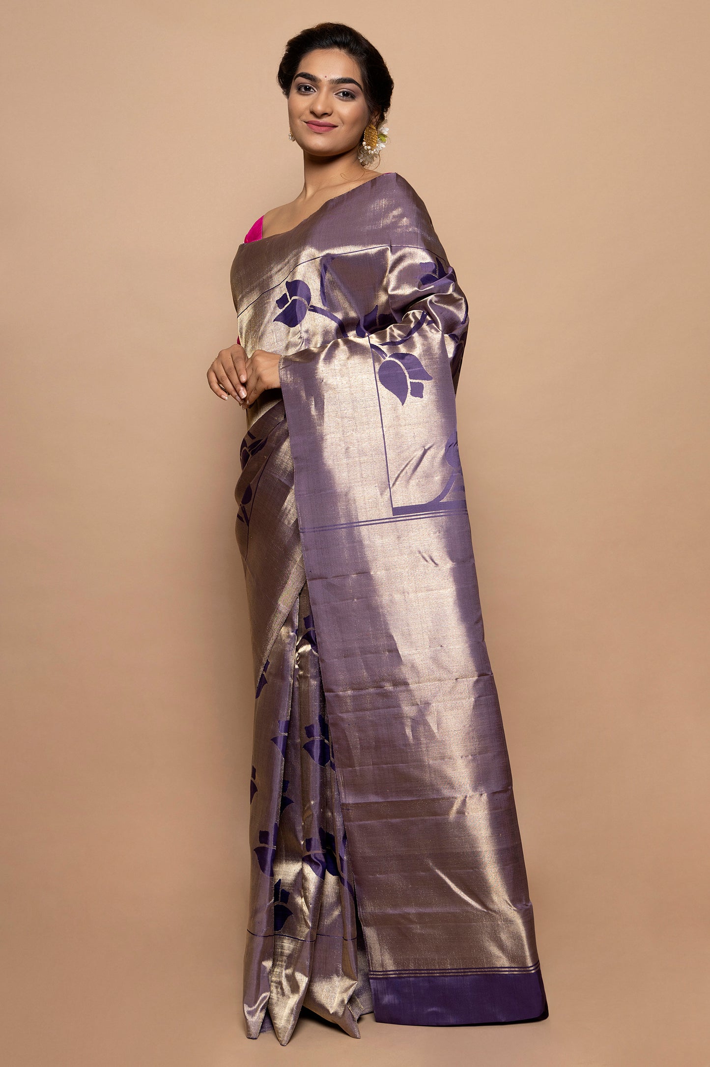 Kanchipuram Silk Tissue Jaal Dark Blue Saree