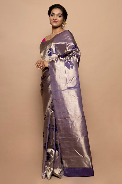 Kanchipuram Silk Tissue Jaal Dark Blue Saree