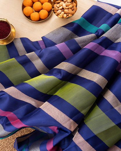 Kanchipuram Silk Multicolor Blue Saree With Rakhi and Gift Box