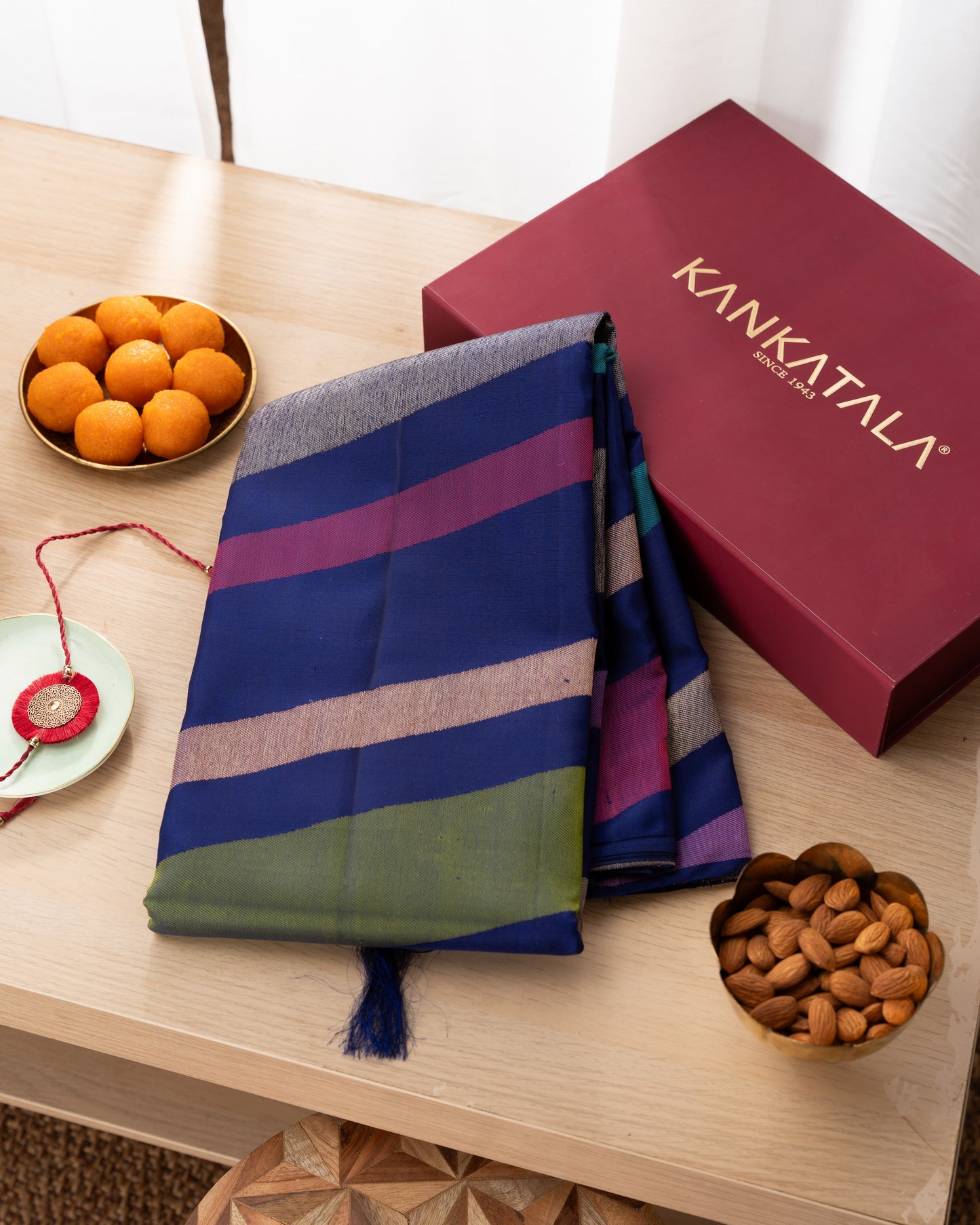Kanchipuram Silk Multicolor Blue Saree With Rakhi and Gift Box