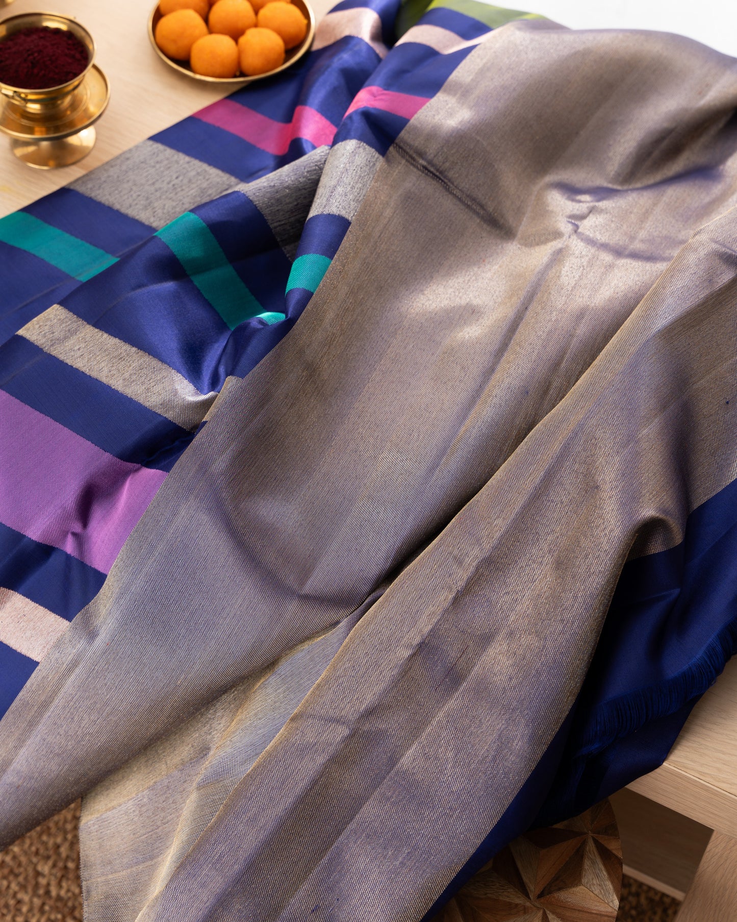 Kanchipuram Silk Multicolor Blue Saree With Rakhi and Gift Box
