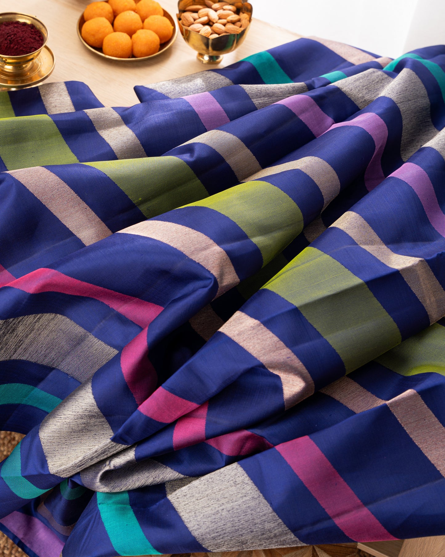 Kanchipuram Silk Multicolor Blue Saree With Rakhi and Gift Box