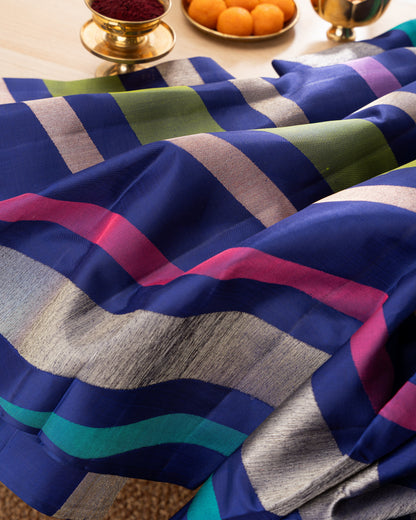 Kanchipuram Silk Multicolor Blue Saree With Rakhi and Gift Box