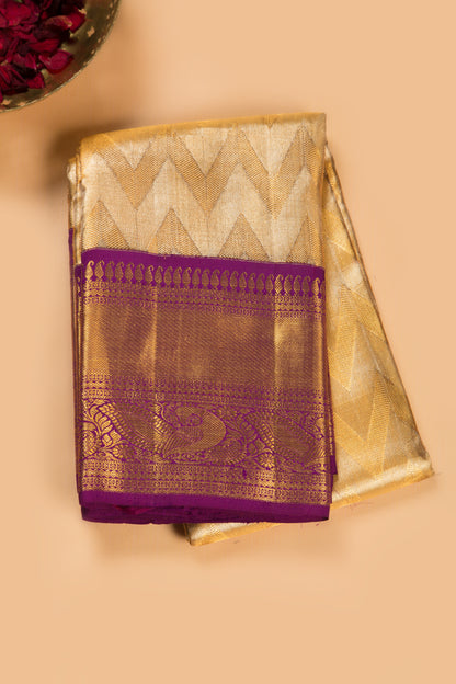 Kanchipuram Silk Tissue Zig Zag Lines Gold Saree