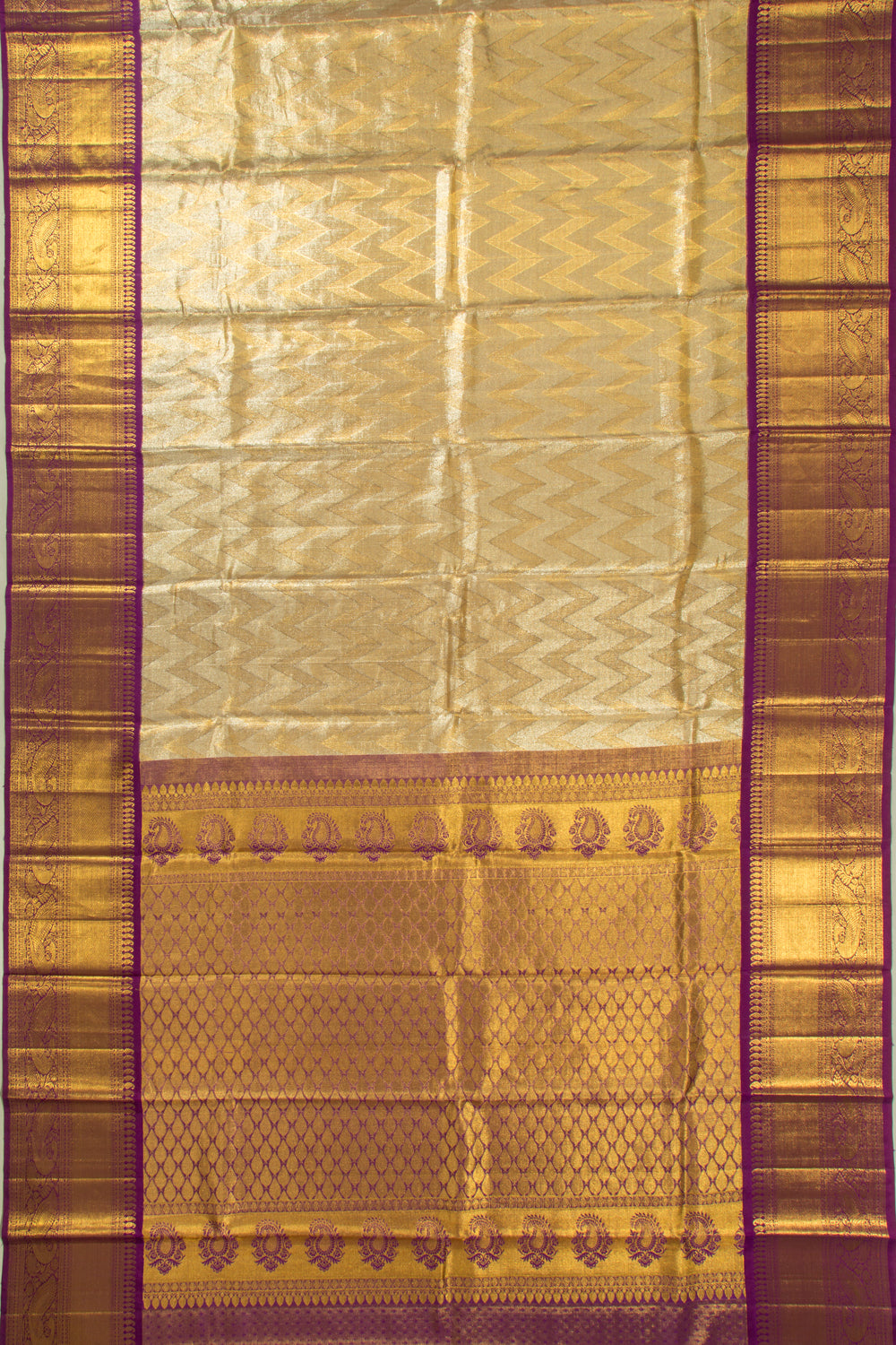 Kanchipuram Silk Tissue Zig Zag Lines Gold Saree