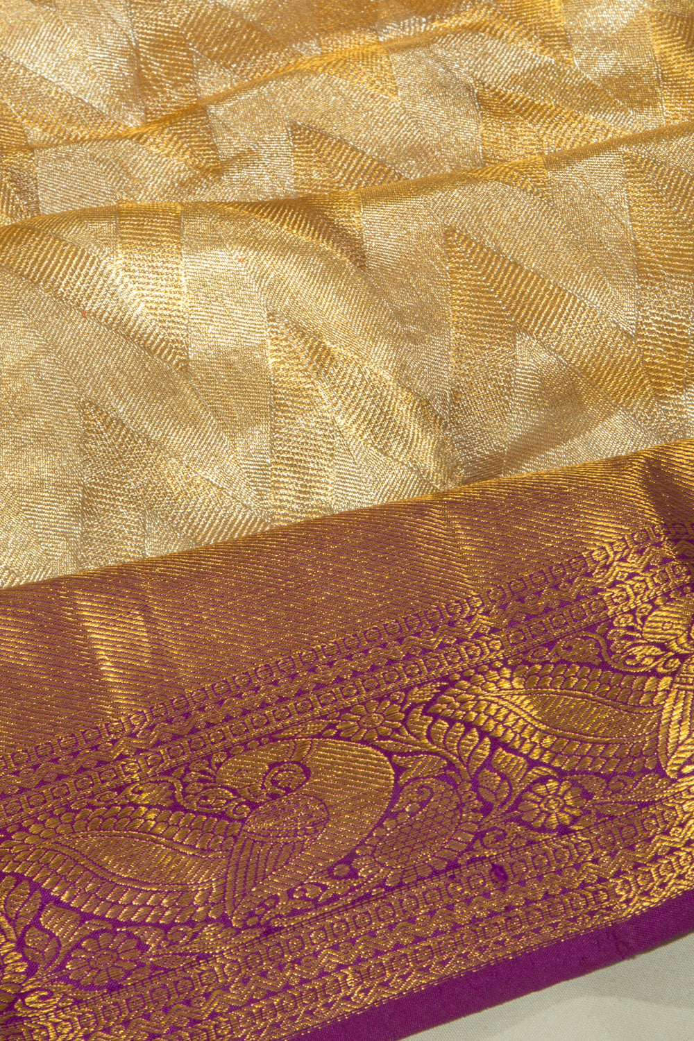 Kanchipuram Silk Tissue Zig Zag Lines Gold Saree