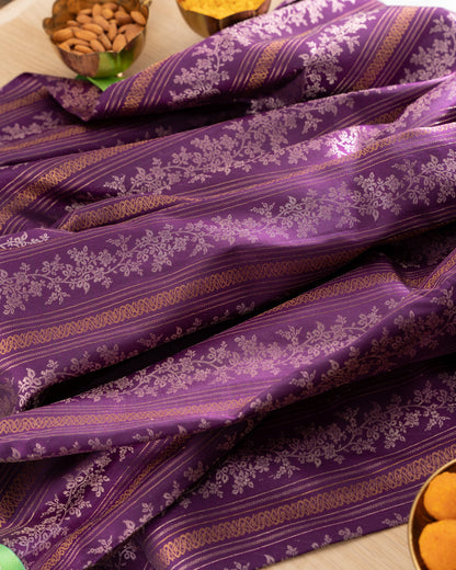 Kanchipuram Silk Jaal Purple Saree With Rakhi And Gift Box